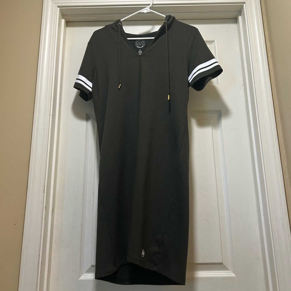 Michael Koors t shirt dress: forest green with hood and drawstrings